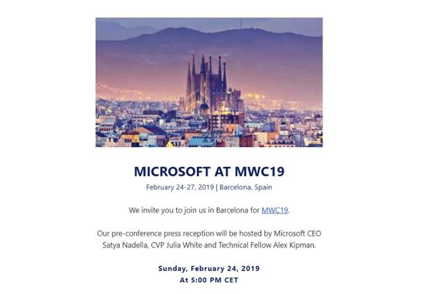 微软向媒体发出了2019MWC邀请函